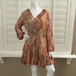 UMGEE METALLIC V NECK BELTED DRESS in Rust